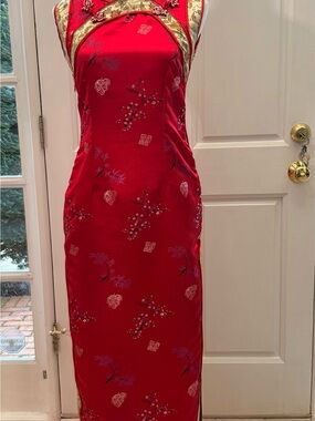 Red Satin Floral Maxi Dress with Gold Trim